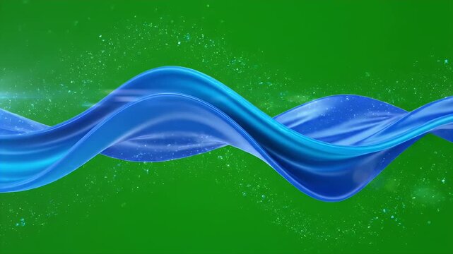 A vibrant blue ribbon or wave gracefully flows across a bright green background, accented by sparkling particles, creating a dynamic and visually appealing abstract design.