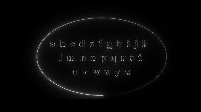 Glowing neon alphabet A to Z animation, letters appearing sequentially with smooth light trails, futuristic digital glow, seamless loop, transparent background, professional motion graphics, 4K.