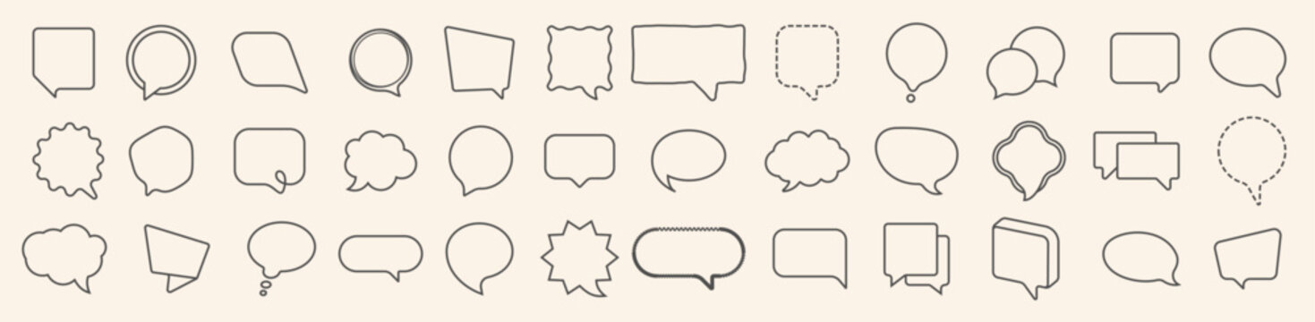 Speech bubble line icon set. Speech balloon, dialogue box, message frame, comment bubble, comic message cloud, text frame ui layout, communication and conversation editable vector