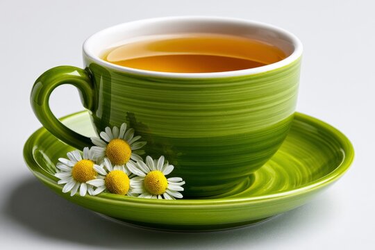 Herbal infusion served in a textured green ceramic teacup with fresh chamomile blossoms featuring sharp studio focus for organic wellness marketing