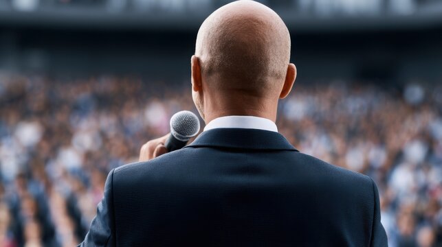 Bald man in a suit holds a microphone while addressing a large audience in a spacious auditorium with blurred spectators in the background