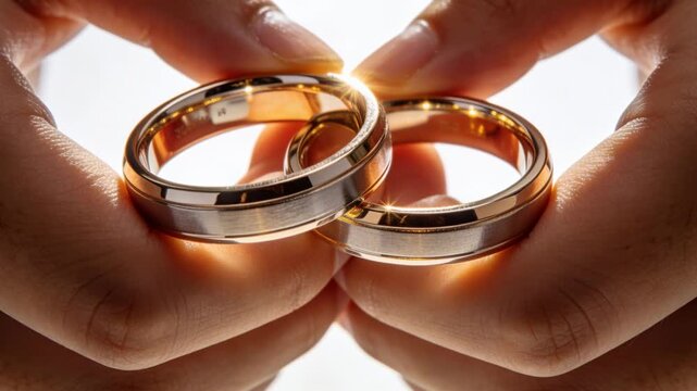Adjusting two adult hands aligning metal rings in bright studio, aiming to catch studio light