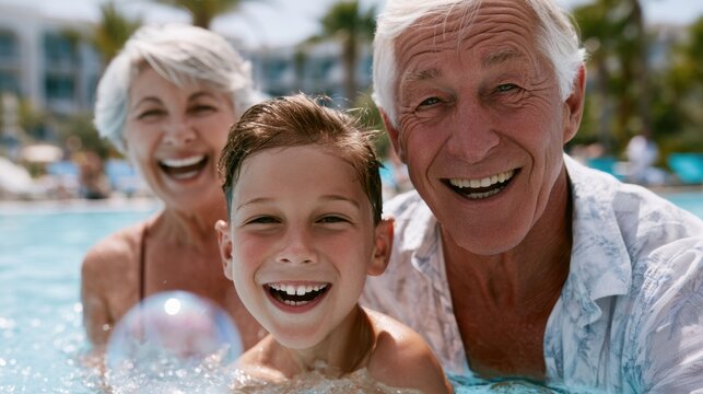 Senior couple enjoying a vacation in a swimming pool with their smiling grandson, surrounded by palm trees and a resort in the background