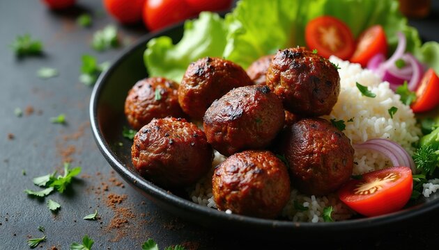 Juicy grilled Turkish meatballs kofte served with white rice, fresh lettuce, sliced tomatoes and red onion rings. Delicious spice seasoned beef or lamb patty.