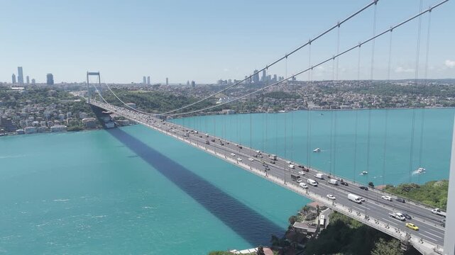 Aerial view of the turquoise Bosphorus and bridges, featuring a unique Istanbul cityscape on a summer day (D-Log unprocessed footage).