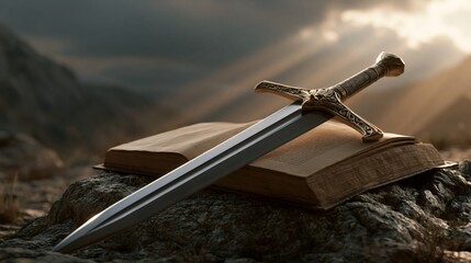 Obraz premium Bible and Sword Representing Faith, Strength and Protection