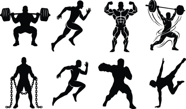 Collection of fitness and bodybuilding silhouettes featuring barbell squats sprinting runner geometric bodybuilder dynamic weightlifter heavy chains boxer and handstand breakdancer