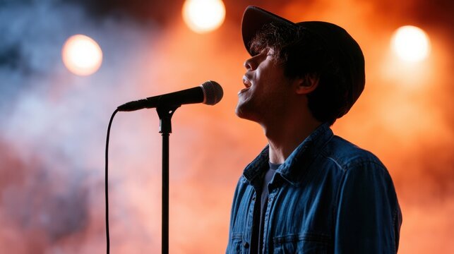 Male singer with curly hair wearing a denim jacket performs passionately into a microphone on stage with colorful lighting and smoke effects in the background