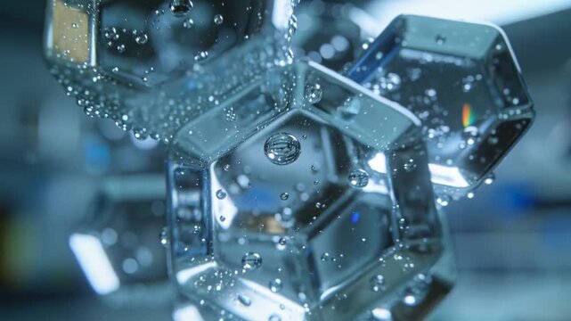 Pushing camera turning glass hex cluster moving on lab bench, revealing droplets, microbubble