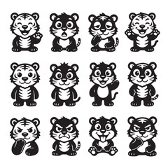 Fototapeta premium Cute Tiger Icons Set: Diverse Emotions and Poses, Vector Illustration. A collection of twelve adorable tiger icons, each displaying a unique emotion and pose in a simple black and white style.