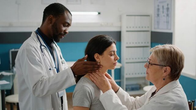 Clinicians palpating patient's neck in clinic after senior placement, stethoscope, white coats