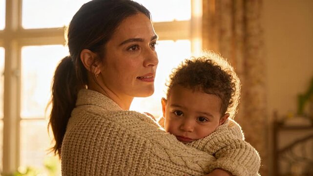 Holding toddler, woman turning toward living room window as warm light streaming, in chunky sweater
