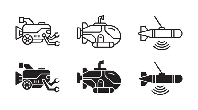 Set of underwater exploration and deep sea technology icons with submarine and sonar symbols underwater exploration