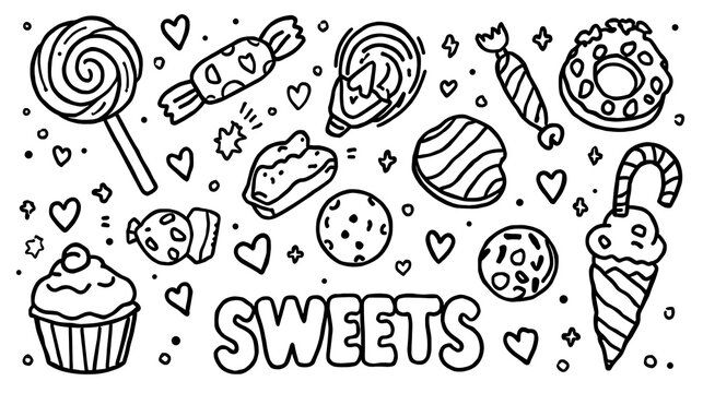 Delicious Doodle Sweets Collection: Hand-Drawn Candies, Cupcakes & Desserts Outline Art
