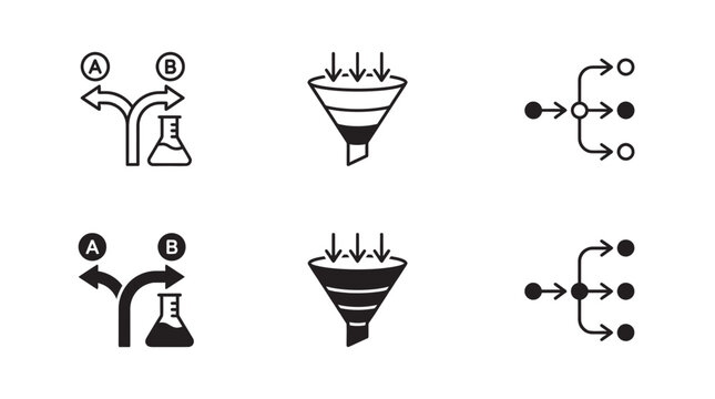 Business flow and data processing line and solid icons collection with chemistry connection development research