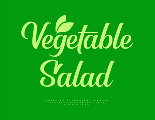 Naklejka premium Vector Culinary label Vegetable Salad with Decorative Leaf. Stylish Eco Green Font. Beautiful Cursive Alphabet Letters and Numbers set.