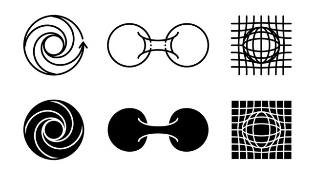 Abstract science physics and mathematics concept icons including vortex wormhole and spacetime grid with wormhole