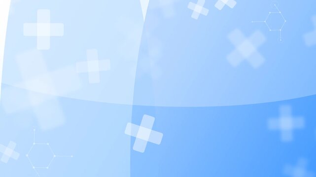 Abstract medical background animation featuring floating white cross signs and subtle chemical structures over a clean light blue gradient backdrop, perfect healthcare loop template