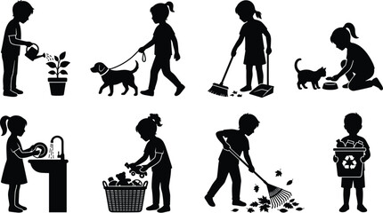 Black and white kids chores silhouette vector set featuring children doing household duties gardening recycling and caring for pets isolated on white background