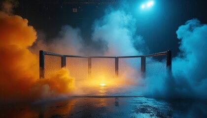 Obraz premium Empty MMA octagon stage with dramatic smoke effects. Blue and orange lights illuminate the cage and wet floor. Combat arena ready for battle.