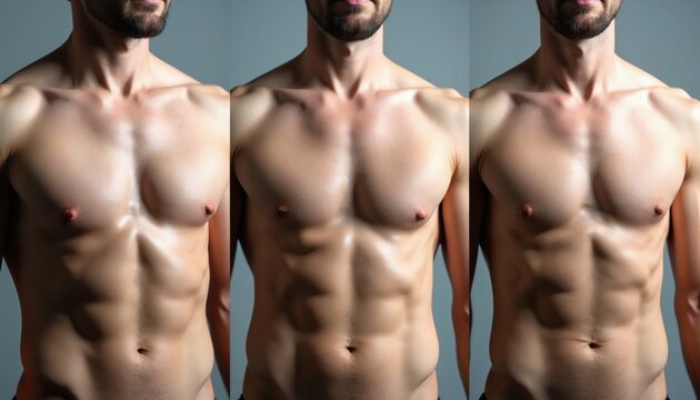 Male chest comparison showing gynecomastia. Men display breast enlargement on torso. Health care medical condition, body fat, hormone issue.