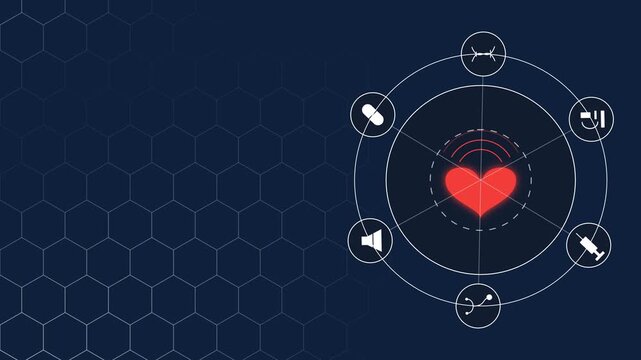 Medical background animation featuring a glowing red heart with rotating interface circles of healthcare icons over a dark navy honeycomb grid, perfect presentation loop template