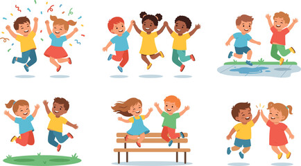 Fototapeta premium Happy Diverse Children Jumping and Playing Set Featuring Excited Cartoon Boys and Girls Celebrating High Fiving and Holding Hands Vector Character Illustration