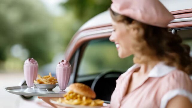 1950s carhop serving milkshakes at a retro drive-in diner