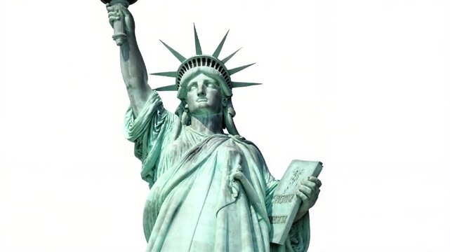 Four iconic Statue of Liberty replicas in a row, detailed crowns and torches.