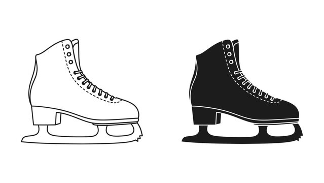 Ice Skate Duo: A pair of classic ice skates, one rendered in a clean outline and the other in bold black silhouette, representing elegance and movement on the ice.