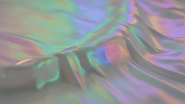 Holographic iridescent fabric texture with fluid wave patterns.