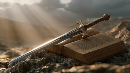 Obraz premium Bible and Sword Representing Faith, Strength and Protection