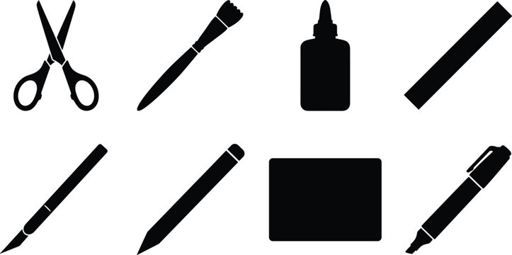 Craft and School Supplies Silhouette Vector Bundle Featuring Scissors Glue Ruler Pencil Marker and Brush