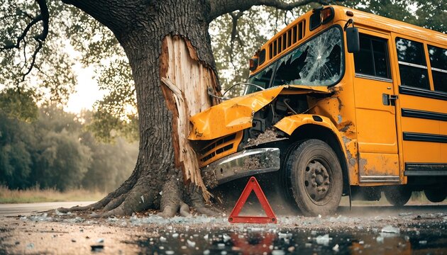 Yellow school bus crashed into large tree on roadway
