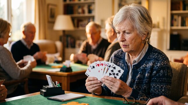 Senior woman concentrating on her bridge hand, thinking expression, cards fanned out, blurred opponents in background, warm golden hour light
