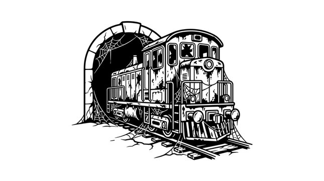 Old locomotive train emerging from a dark tunnel.