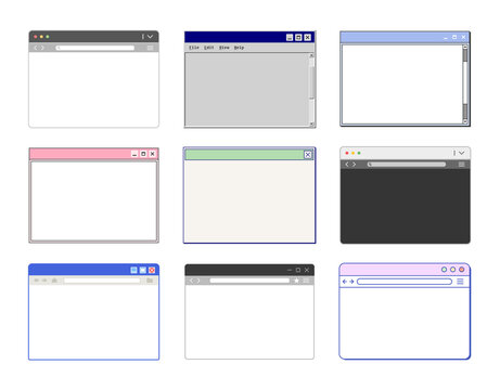 A collection of vector illustrations featuring various internet browser windows. Computer system windows in various colors and shapes.