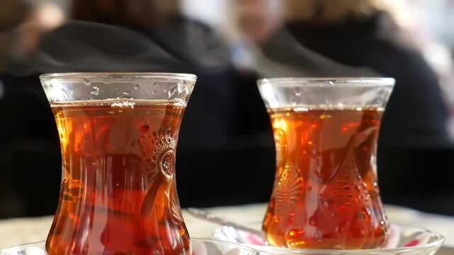 Two glasses of steaming hot tea