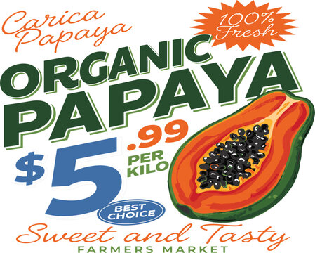 Vintage organic papaya farmers market price sign template featuring cut tropical fruit illustration and bold text