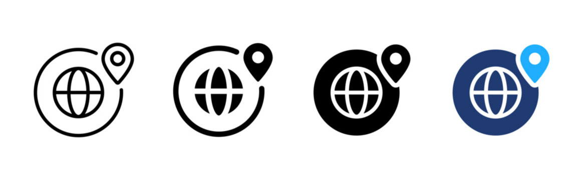 Global location icon. World map pin symbol. Geolocation sign. Simple pictogram for international address, GPS navigation, travel and worldwide place search design.