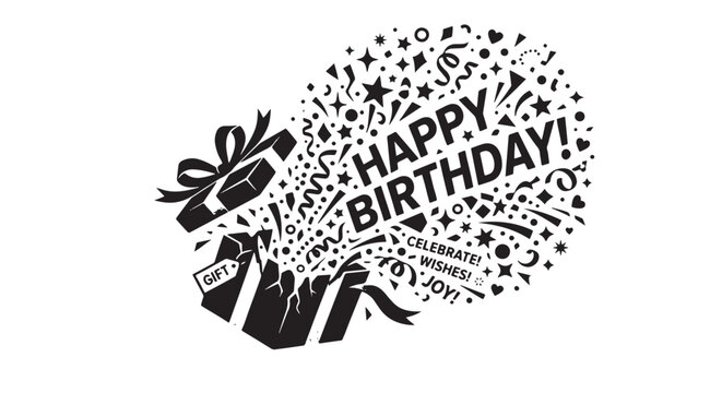 Happy Birthday gift box silhouette exploding into confetti shapes, modern black and white premium vector composition