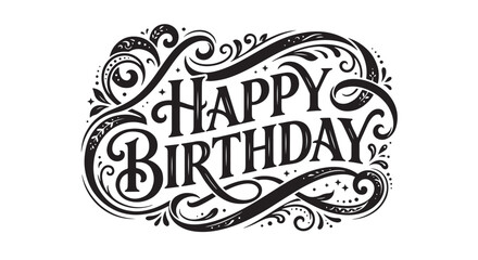 Obraz premium Happy Birthday ribbon swirl silhouette wrapping around typography, isolated white background, premium monochrome vector