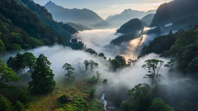 Aerial view of a lush green mountain valley filled with morning fog. Sun rays filtering through forest trees and mist. Scenic nature landscape