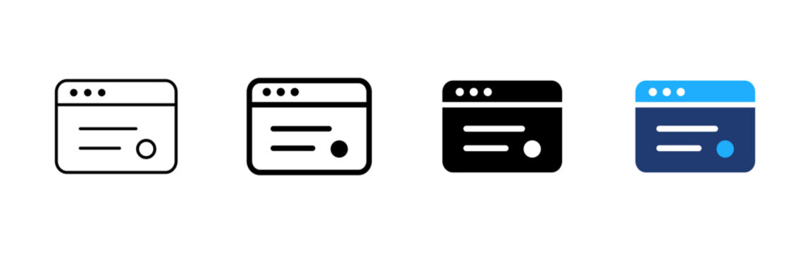 Browser window icon. Web page symbol. Website interface sign. Simple pictogram for online page, web app, internet browser, dashboard and UI design.