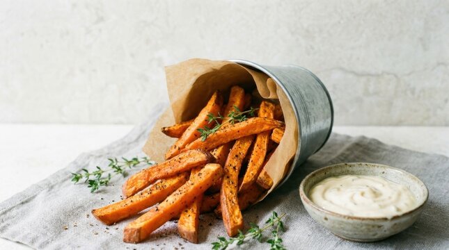 Golden sweet potato fries spilling from a metal bucket with fresh thyme and a creamy dip