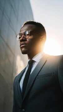 A stylish professional man wearing glasses and a suit gazes forward with purpose, illuminated by the sun. The cityscape background highlights his modern, successful attitude and leadership qualities