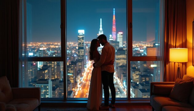 Couple embrace near window with city lights bokeh at night. Lovers share intimate moment in luxury apartment with urban view. Romance, togetherness, lifestyle, connection, peace.