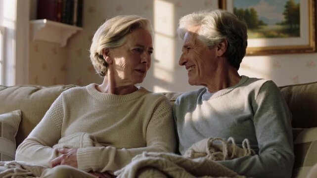 Senior couple talking and laughing on a couch at home. Elderly husband and wife sharing a warm moment in their living room. Happy retirement concept