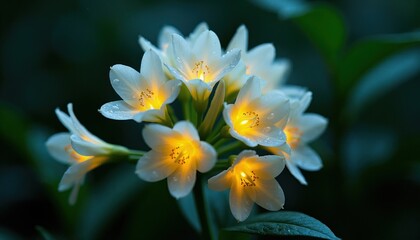 Fototapeta premium Group of white flowers glows with yellow light at night. Dew drops on petals reflect dim illumination. Dark background with green leaves emphasizes delicate flora.