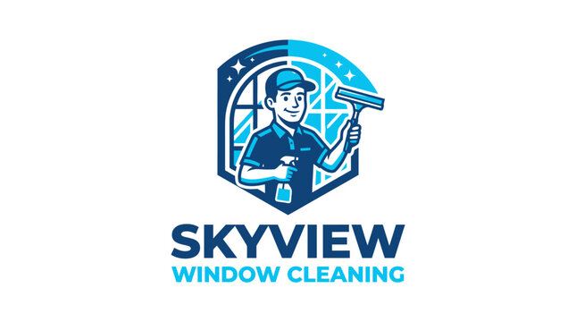 Dynamic logo illustration featuring a friendly cleaner with a squeegee and spray bottle, symbolizing professional window washing services for brilliant, streak-free views